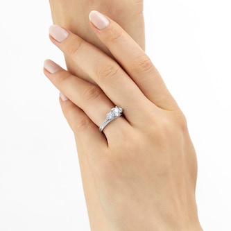 Goldsmiths 18ct White Gold Three Stone Halo Diamond Bridal Set Ring Goldsmiths 18ct White Gold Three Stone Halo Diamond Bridal Set Ring