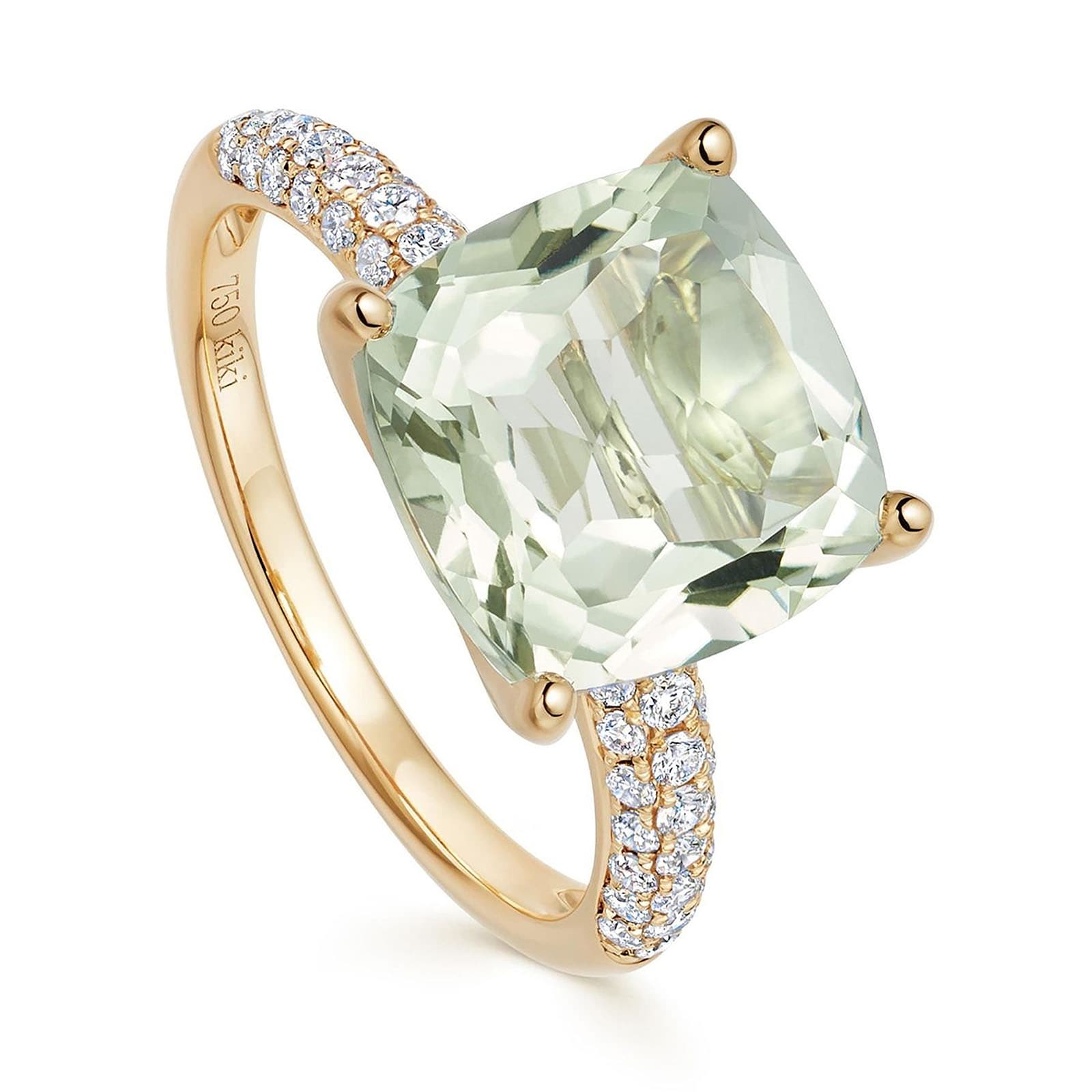 Kiki Cushion 18ct Yellow Gold Tapered 0.35cttw Diamond Shoulders & Green Amethyst Ring Kiki Cushion 18ct Yellow Gold Tapered 0.35cttw Diamond Shoulders & Green Amethyst Ring image