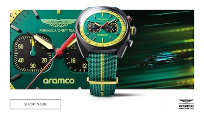 Banner of Aston Martin F1 with text Aramco Formula One Team - Shop Now image