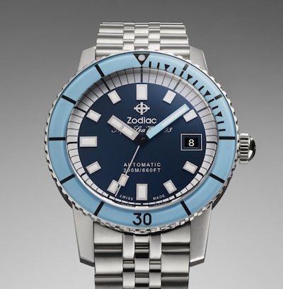 Zodiac Super Sea Wolf Compression Diver Collection with image of blue watch with sky blue bezel image